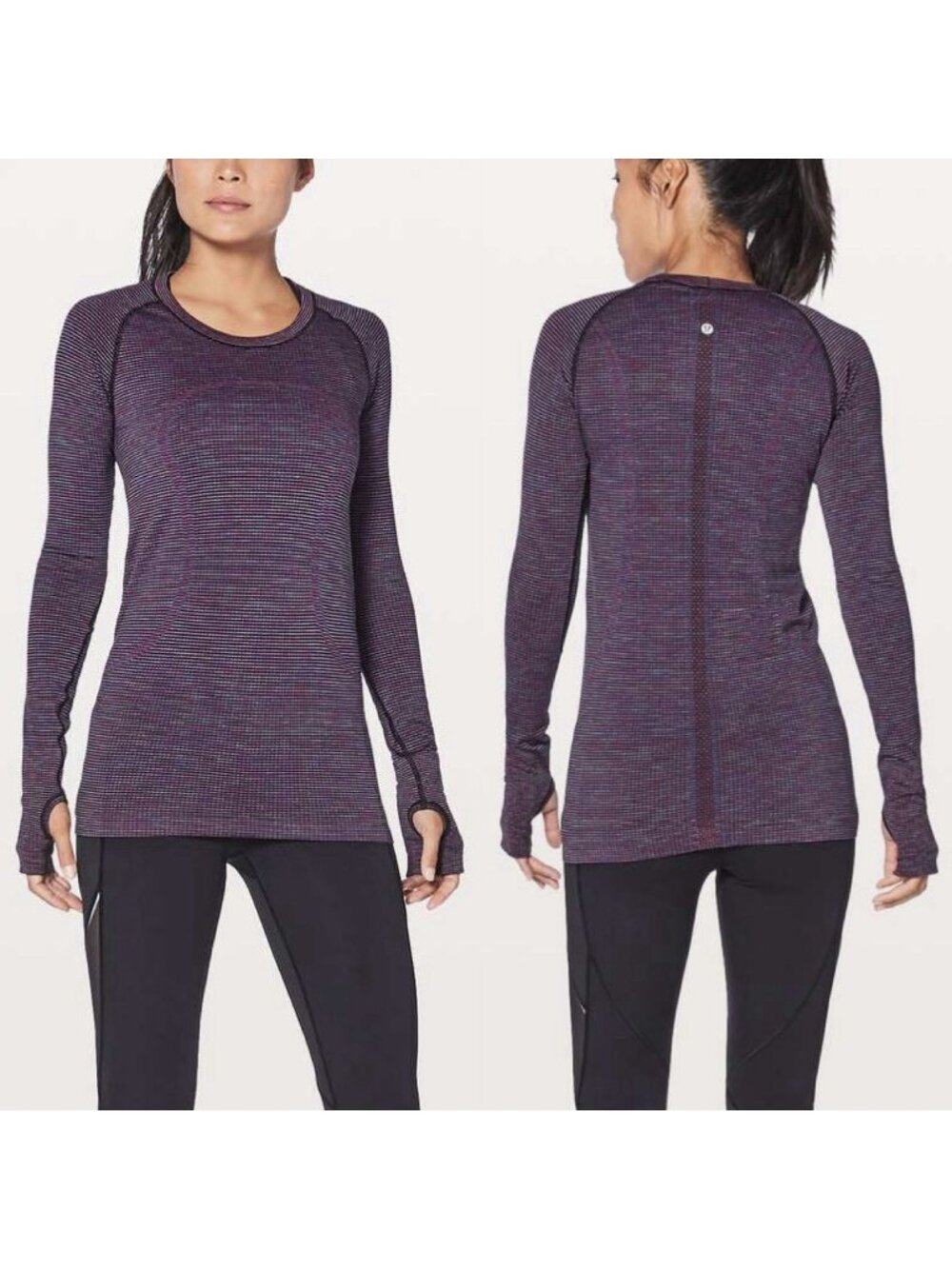 Lululemon Swiftly Tech Purple Black Long Sleeve Shirt Thumbholes Women’s Size 2